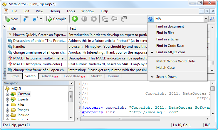 MetaEditor 5 中的搜索系统