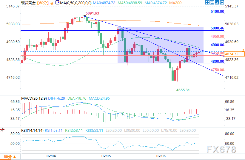 黄金反弹企稳4800美元关口，短期形成下降三角形形态