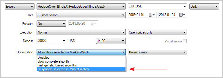 图 4. MetaTrader 5 策略测试器中的优化模式