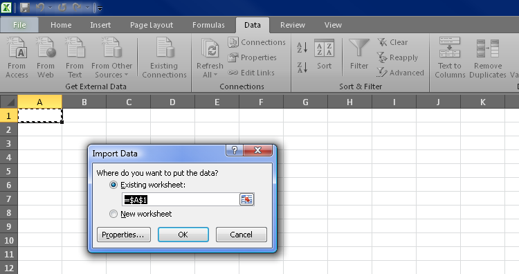 图 7. 在 Excel 2010 中选择用于数据导入的单元格