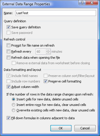 图 8. 在 Excel 2010 中从文本文件导入数据时的外部数据范围属性