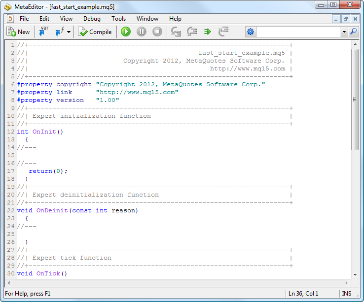 MetaEditor 中默认生成的新文档示例