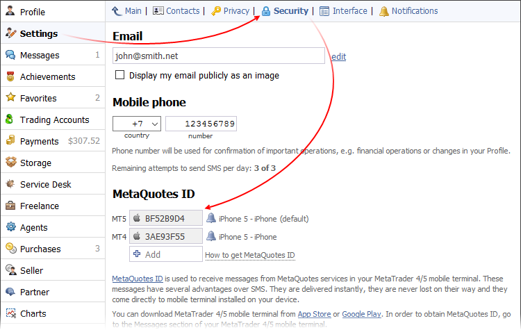 在MQL5.community成员个人资料中的MetaQuotes ID