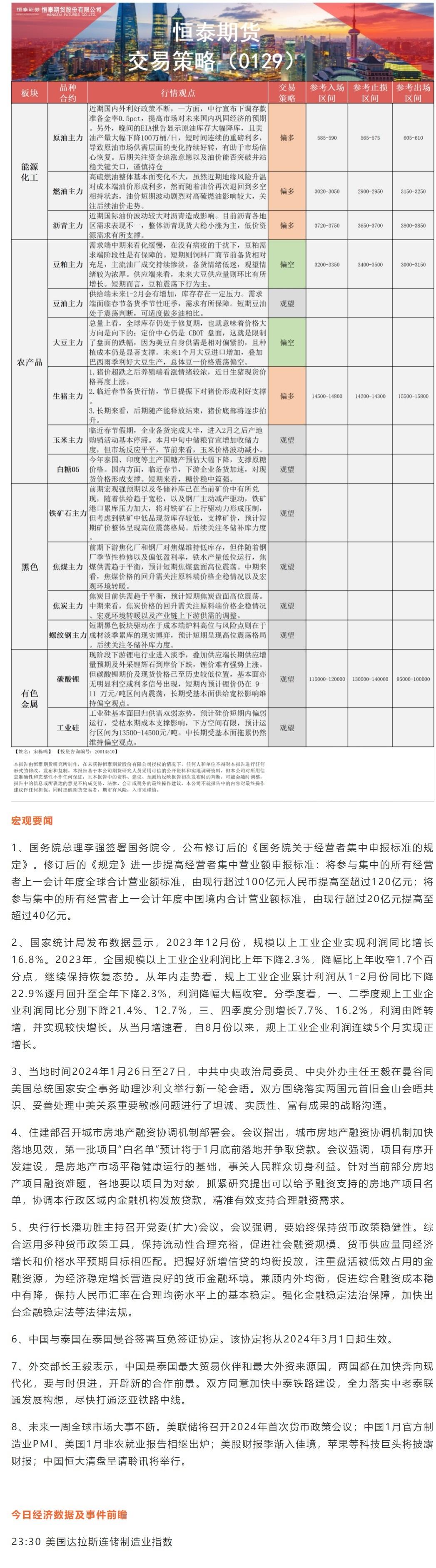 恒泰期货1月29日早盘交易策略